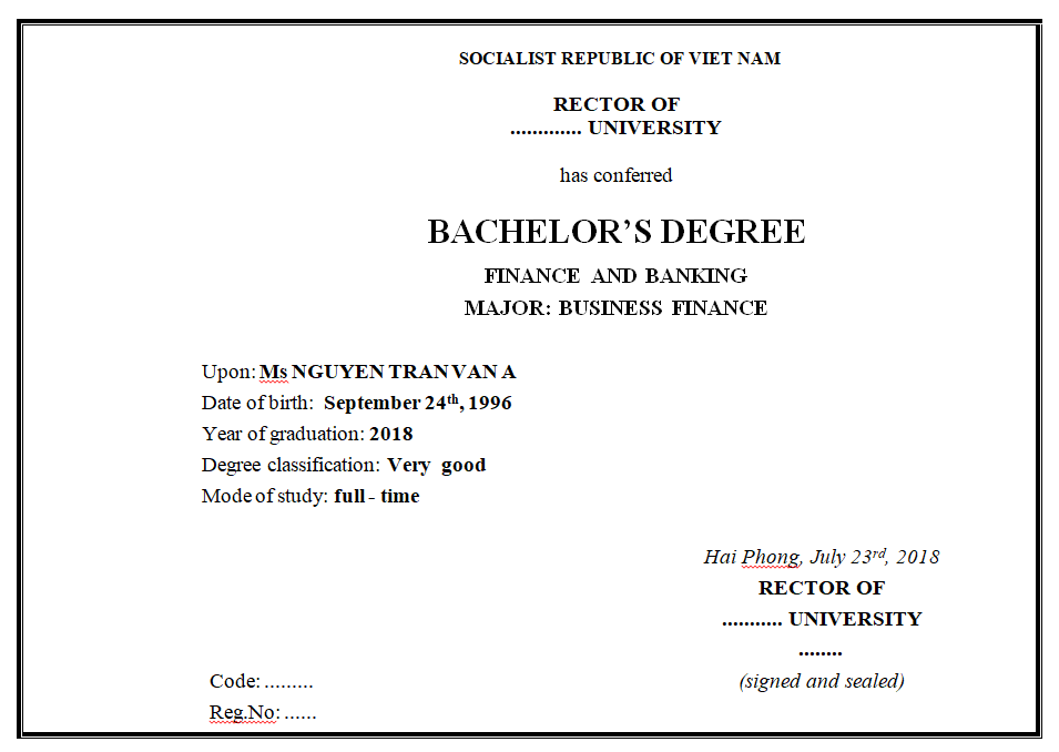 Mẫu bằng tốt nghiệp đại học tiếng anh