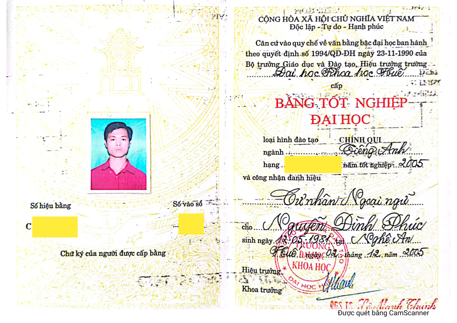 Bằng tốt nghiệp ngành Cử nhân Anh năm 2005 của Nguyễn Đình Phúc, đã che thông tin nhạy cảm